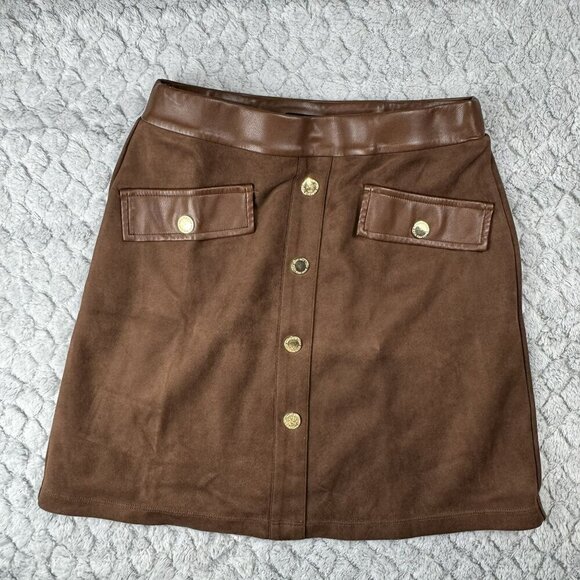 Marc New York XS Brown Faux Leather & Suede‎ Mini Skirt With Gold Buttons - Picture 1 of 7